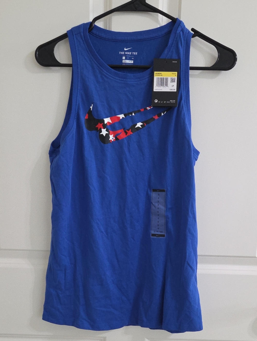 Nike Blue Womens S Tank Top with Star-Patterned Swoosh